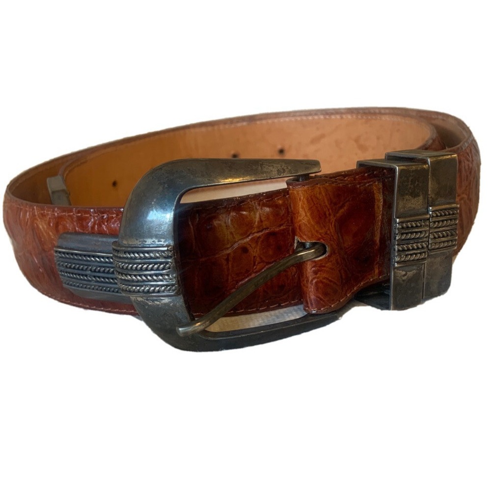 Rogers Belts Men 38 Western Brown Embossed Leather Crocodile Print Silver Buckle